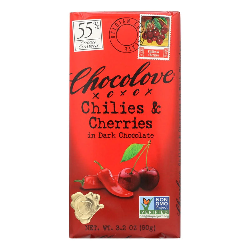 Chocolove Xoxox - Premium Chocolate Bar - Dark Chocolate - Chilies And Cherries - 3.2 Ounce Bars - Case Of 12