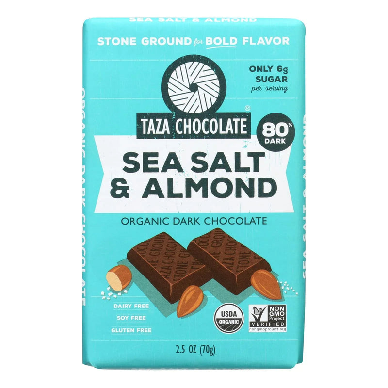 An image displaying Taza Chocolate Stone Ground Organic Dark Chocolate Bar - Sea Salt And Almond - Case Of 10 - 2.5 Ounce. by Taza Chocolate