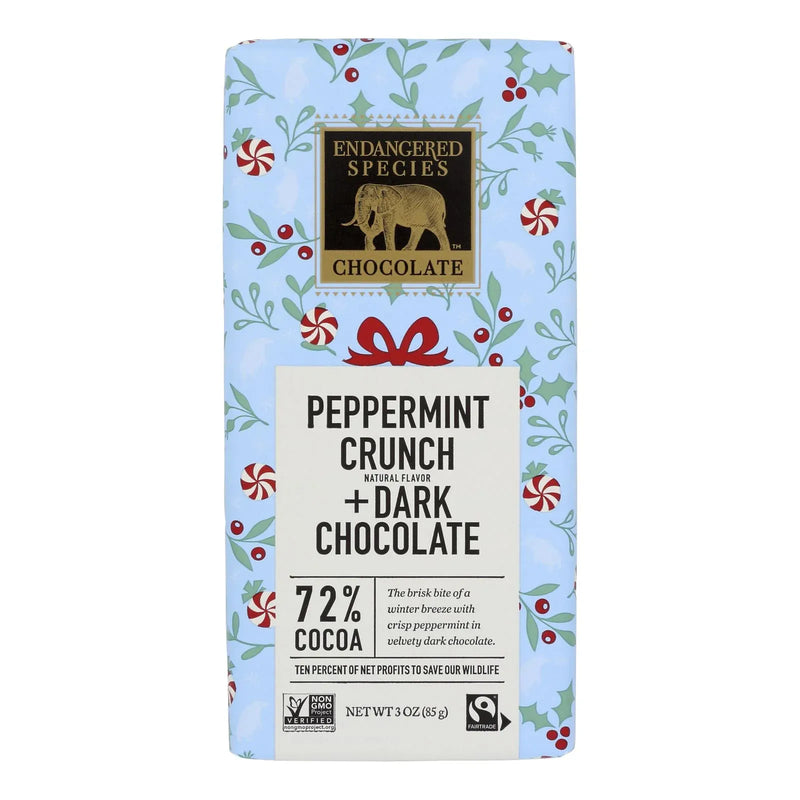 An image displaying Our Endangered Species Chocolate Dark Chocolate Bar With Peppermint Crunch - Case Of 12 - 3 Ounce by Endangered Species Chocolate