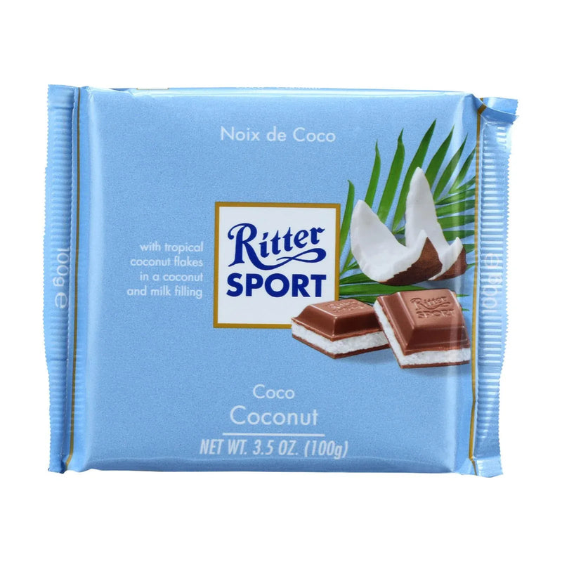 An image displaying Ritter Sport Chocolate Bar - Milk Chocolate - Coconut - 3.5 Ounce Bars - Case Of 12 by Ritter Sport