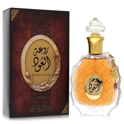 An image displaying Lattafa Rouat Al Oud by Lattafa Eau De Parfum Spray 3.4 oz for Men by Lattafa