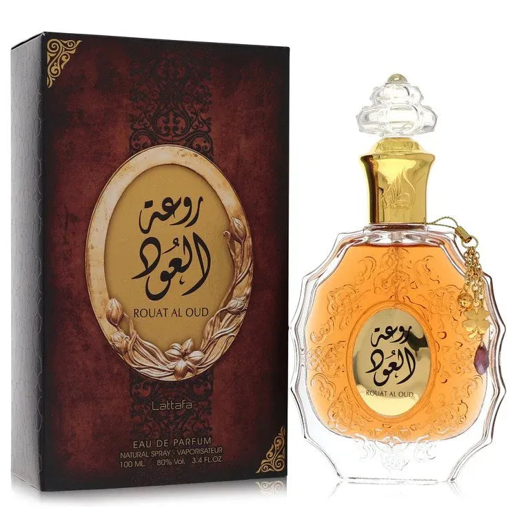 An image displaying Lattafa Rouat Al Oud by Lattafa Eau De Parfum Spray 3.4 oz for Men by Lattafa
