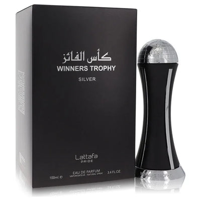 An image displaying Lattafa Pride Winners Trophy Silver by Lattafa Eau De Parfum Spray 3.4 oz for Men by Lattafa