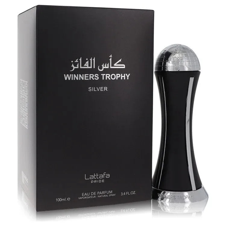 An image displaying Lattafa Pride Winners Trophy Silver by Lattafa Eau De Parfum Spray 3.4 oz for Men by Lattafa