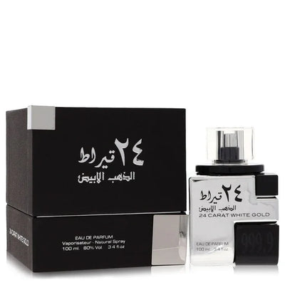 An image displaying Lattafa 24 Carat White Gold by Lattafa Eau De Parfum Spray 3.4 oz for Men by Lattafa