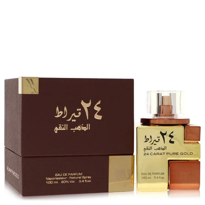 An image displaying Lattafa 24 Carat Pure Gold by Lattafa Eau De Parfum Spray 3.4 oz for Men by Lattafa