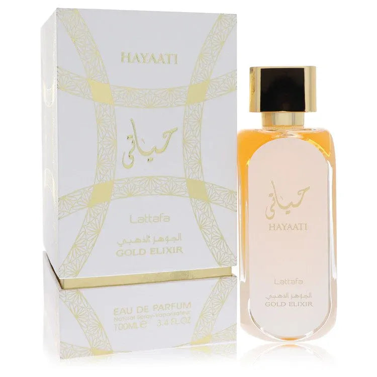 An image displaying Lattafa Hayaati Gold Elixir by Lattafa Eau De Parfum Spray 3.4 oz for Women by Lattafa