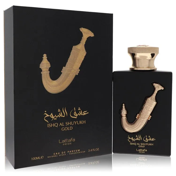 An image displaying Lattafa Pride Ishq Al Shuyukh Gold by Lattafa Eau De Parfum Spray 3.4 oz for Men by Lattafa