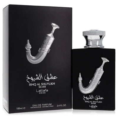 An image displaying Lattafa Pride Ishq Al Shuyukh Silver by Lattafa Eau De Parfum Spray 3.4 oz for Men by Lattafa