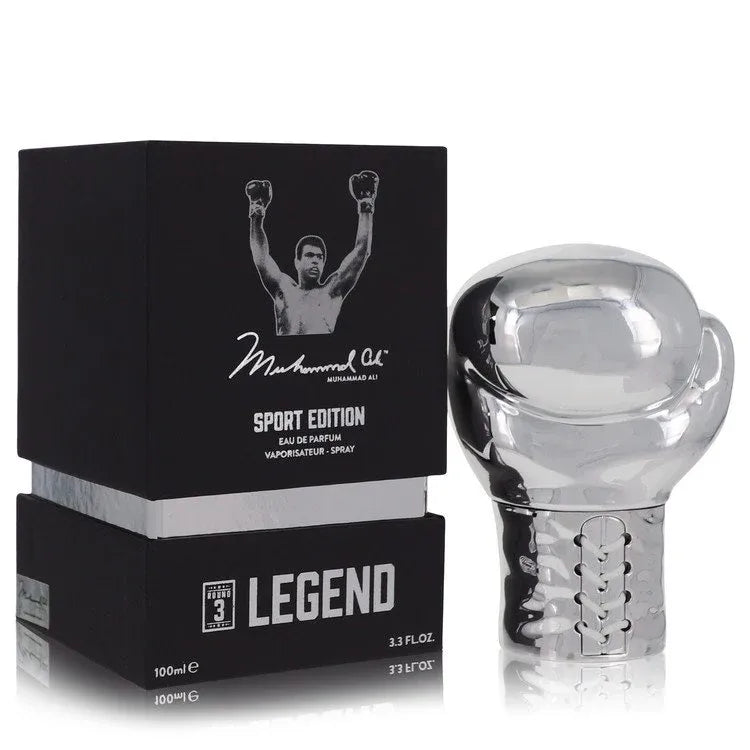 An image displaying Muhammad Ali Legend Round 3 by Muhammad Ali Eau De Parfum Spray (Sport Edition) 3.3 oz for Men by Muhammad Ali