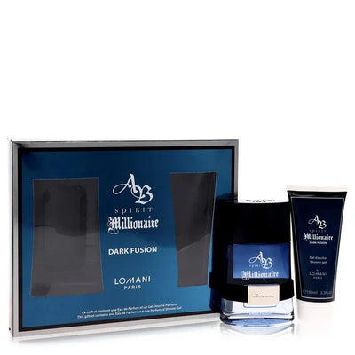 An image displaying Spirit Millionaire Dark Fusion by Lomani Gift Set -- 3.3 oz Eau De Parfum Spray + 3.3 oz Shower Gel for Men by Lomani
