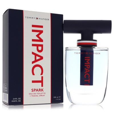 An image displaying Tommy Hilfiger Impact Spark by Tommy Hilfiger Eau De Toilette Spray -- 3.4 oz Eau De Toilette + .14 oz Travel EDT Spray for Men by Tommy Hilfiger