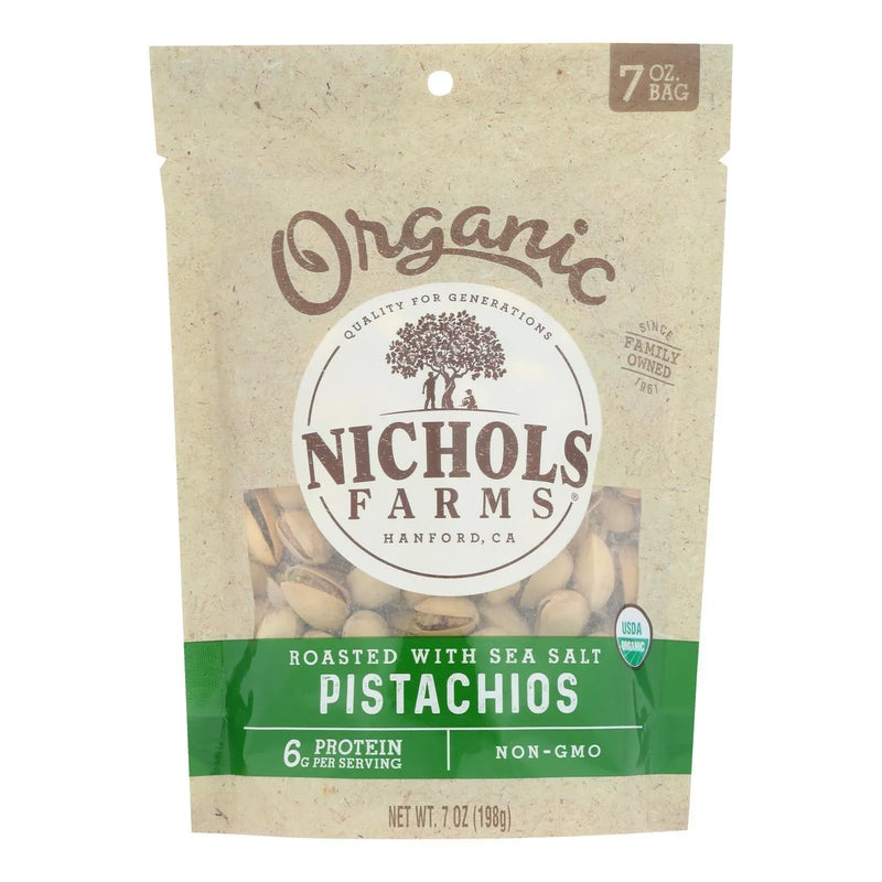 An image displaying Nichols Farms - Pistachio Organic Shell Roasted Salted - Case Of 12 - 7 Ounce by Nichols Farms