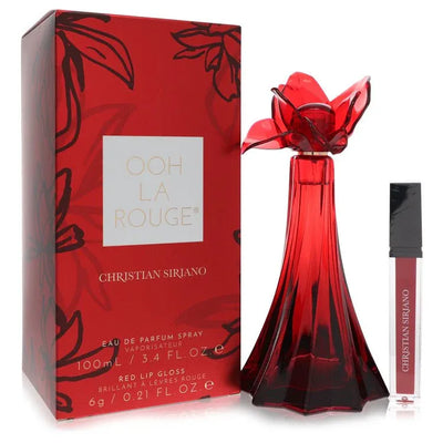 An image displaying Christian Siriano Ooh La Rouge by Christian Siriano Eau De Parfum Spray + 0.21 oz Red Lip Gloss 3.4 oz for Women by Christian Siriano