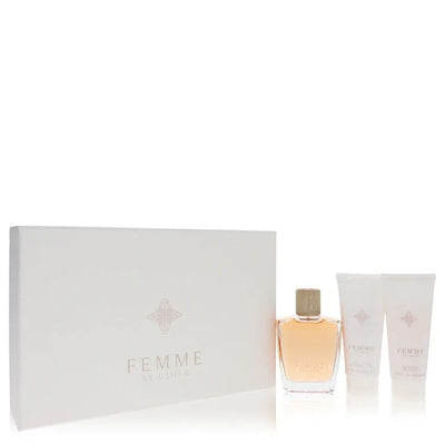 An image displaying Usher Femme by Usher Gift Set -- 3.4 oz Eau De Parfum Spray + 3.4 oz Body Lotion + 3.4 oz Shower Gel for Women by Usher