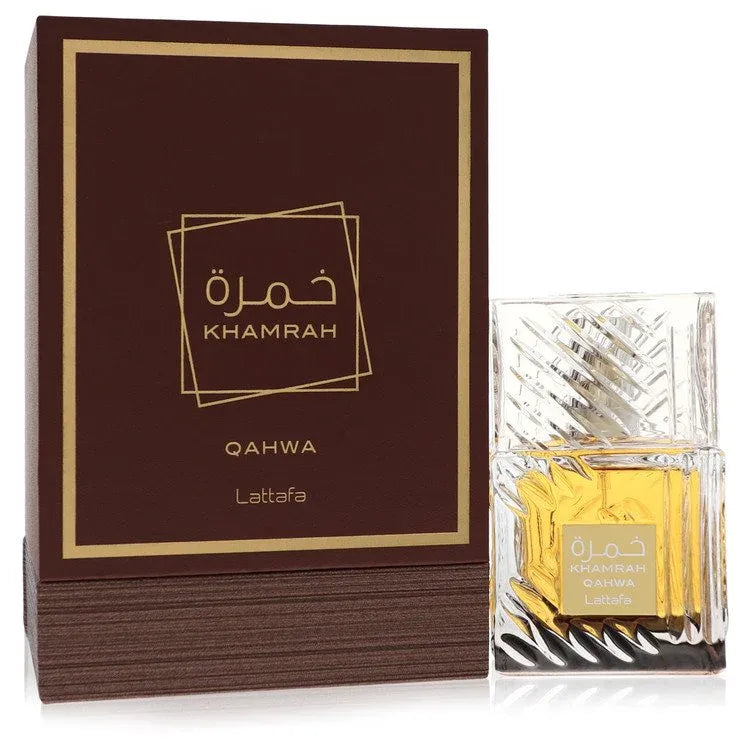 An image displaying Lattafa Khamrah Qahwa by Lattafa Eau De Parfum Spray 3.4 oz for Men by Lattafa