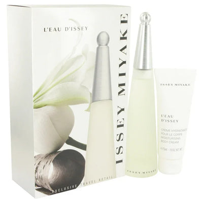 An image displaying L'EAU D'ISSEY (issey Miyake) by Issey Miyake Gift Set -- 3.3 oz Eau DeToilette Spray + 2.6 oz Body Cream for Women by Issey Miyake