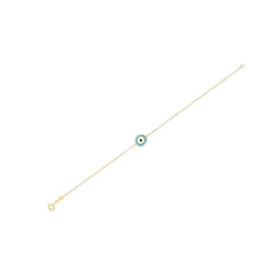 An image displaying 14k Yellow Gold Blue Evil Eye Bracelet by Orca Market
