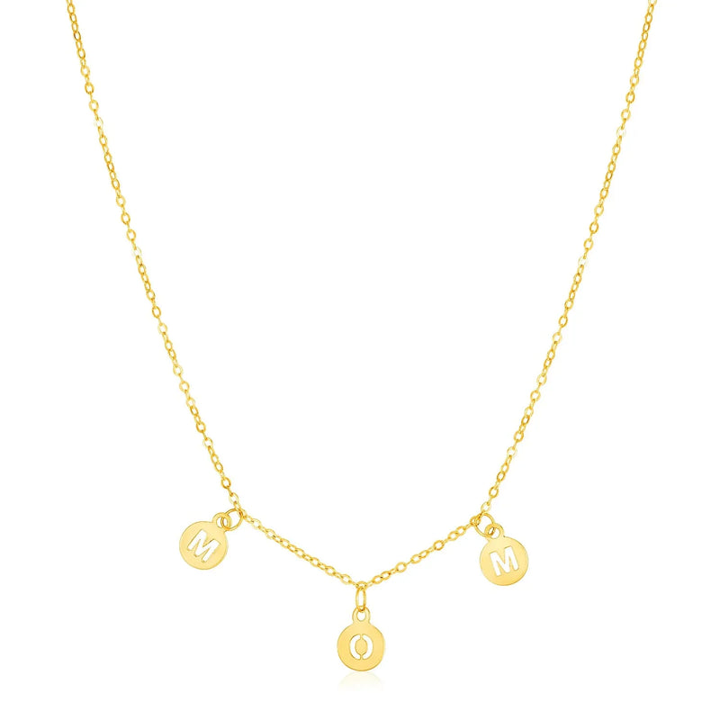An image displaying 14k Yellow Gold Mom Necklace with Circle Drops by Orca Market