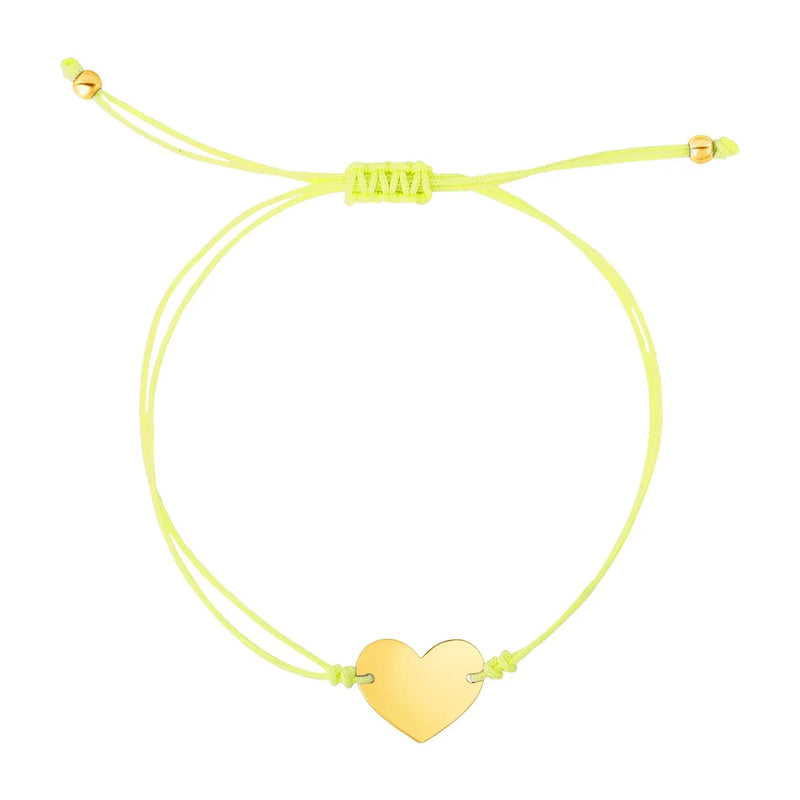 An image displaying 9 1/4 inch Yellow Cord Adjustable Bracelet with 14k yellow Gold Heart by Orca Market