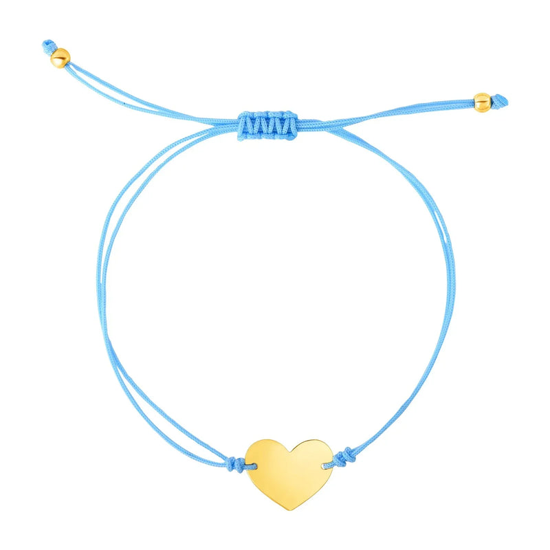 An image displaying 9 1/4 inch Blue Cord Adjustable Bracelet with 14k yellow Gold Heart by Orca Market