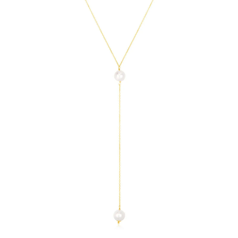 An image displaying 14k Yellow Gold Lariat Necklace with Pearls by Orca Market