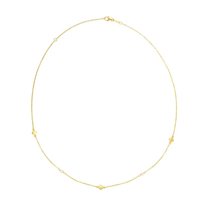 An image displaying 14k Yellow Gold Pearl Clover Necklace by Orca Market
