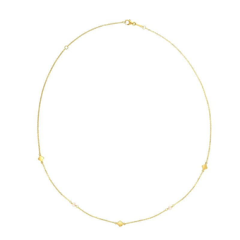 An image displaying 14k Yellow Gold Pearl Clover Necklace by Orca Market