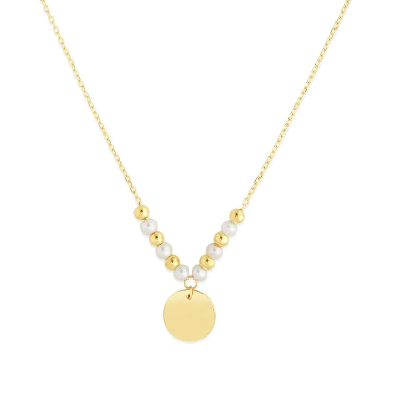 An image displaying 14k Yellow Gold High Polish Beaded Pearl Disc Drop Pallina Necklace by Orca Market