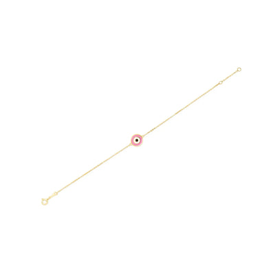 An image displaying 14k Yellow Gold Pink Evil Eye Bracelet by Orca Market