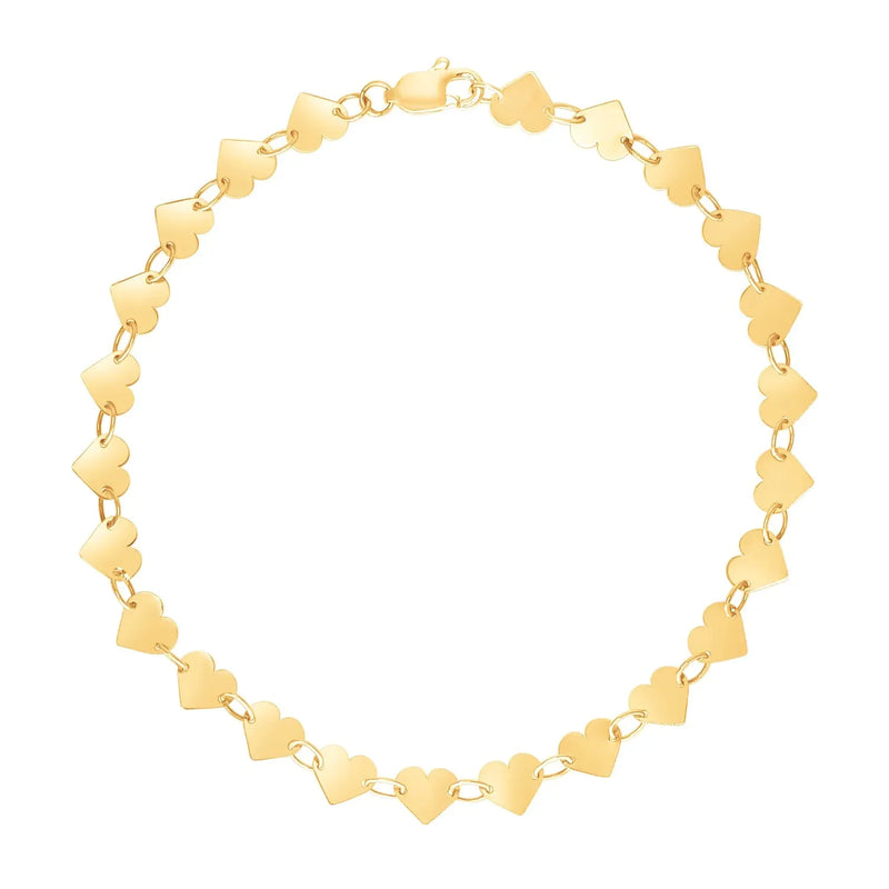 An image displaying 14k Yellow Gold 7 inch Mirrored Heart Chain Bracelet by Orca Market
