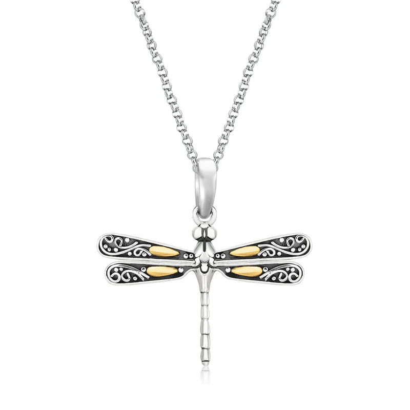 An image displaying 18k Yellow Gold and Sterling Silver Pendant in a Dragonfly Design by Orca Market