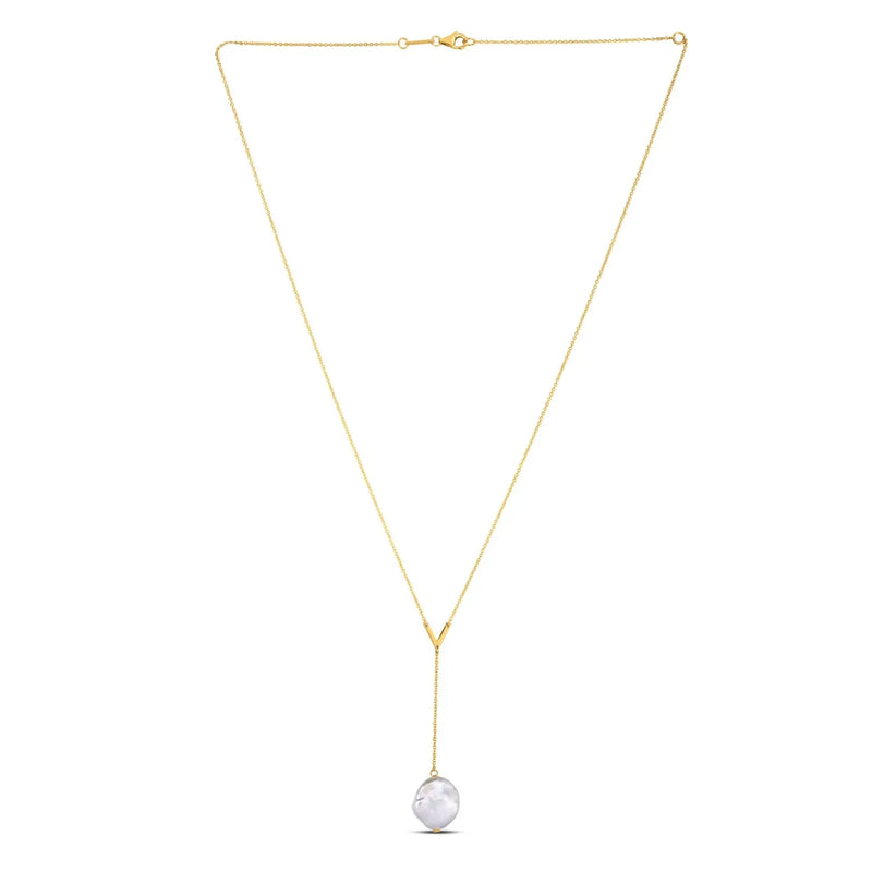 An image displaying 14k Yellow Gold Tesoro Pearl Lariat Necklace by Orca Market