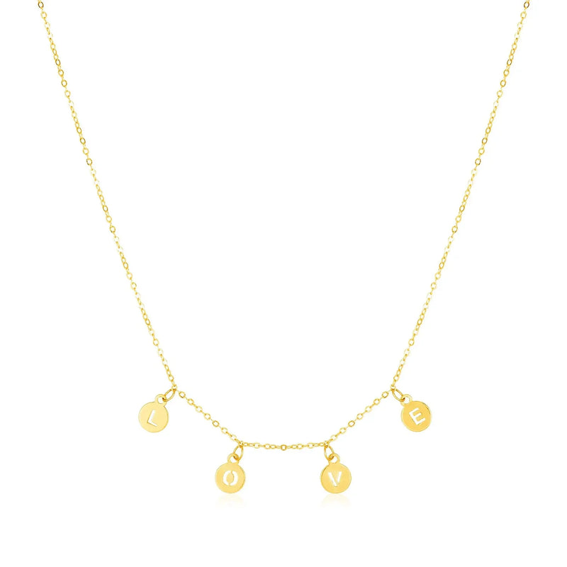 An image displaying 14k Yellow Gold Love Necklace with Circle Drops by Orca Market
