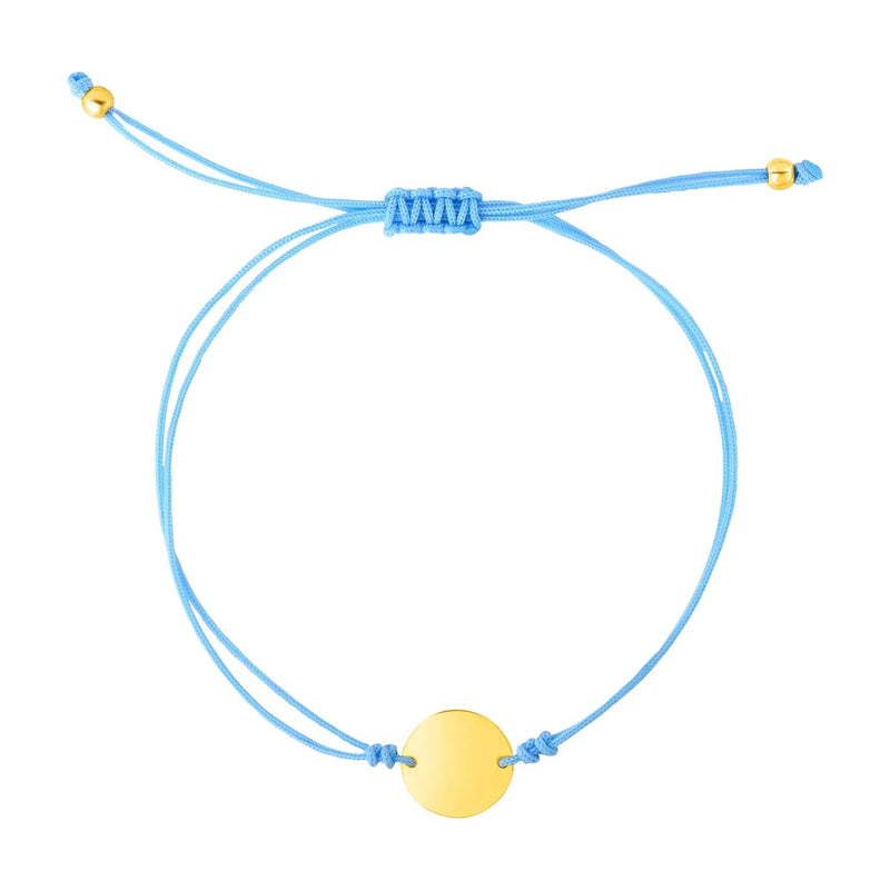 An image displaying 9 1/4 inch Blue Cord Adjustable Bracelet with 14k Yellow Gold Circle by Orca Market