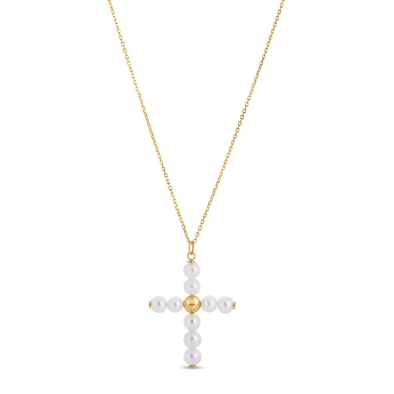 An image displaying 14k Yellow Gold Pearl Cross Pendant by Orca Market