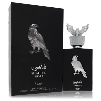 An image displaying Lattafa Pride Shaheen Silver by Lattafa Eau De Parfum Spray 3.4 oz for Men by Lattafa