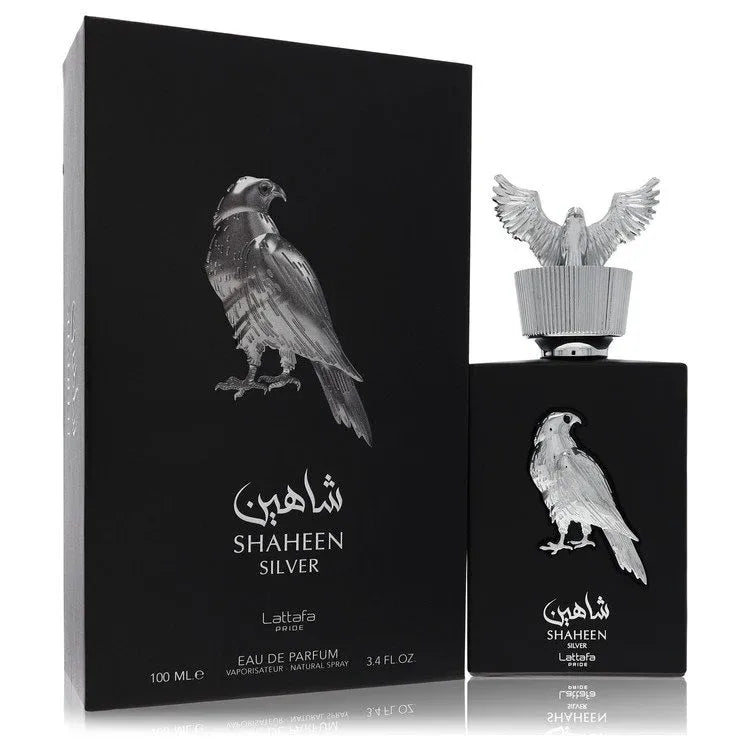 An image displaying Lattafa Pride Shaheen Silver by Lattafa Eau De Parfum Spray 3.4 oz for Men by Lattafa