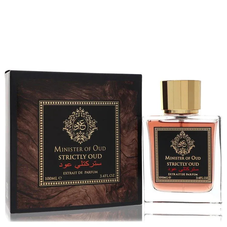 An image displaying Minister Of Oud Strictly Oud by Fragrance World Extrait De Parfum Spray 3.4 oz for Men by Fragrance World