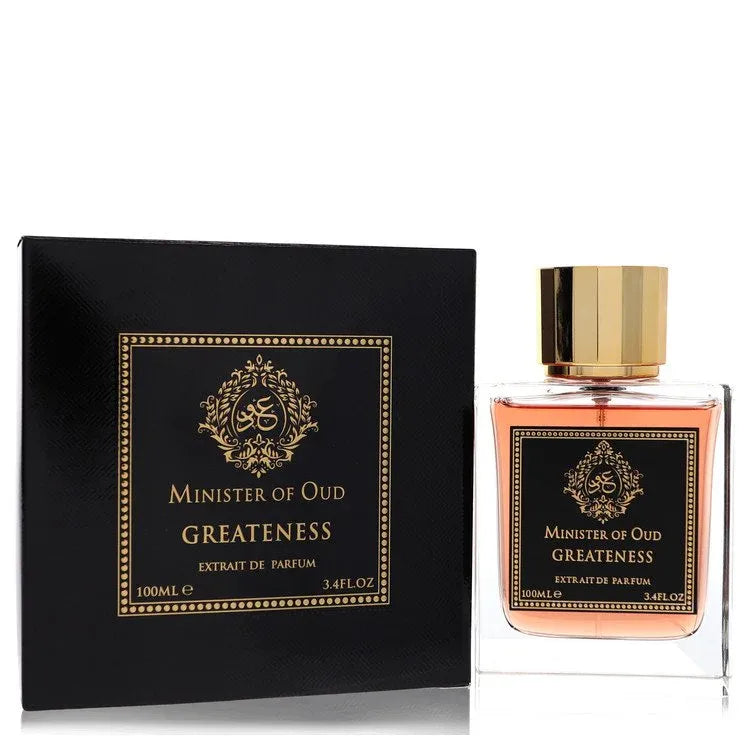 An image displaying Minister of Oud Greatness by Fragrance World Extrait de Parfum Spray 3.4 oz for Men by Fragrance World