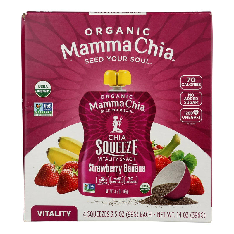 An image displaying Mamma Chia Organic Squeeze Vitality Snack - Strawberry Banana - Case Of 6 - 3.5 Ounce by Mamma Chia