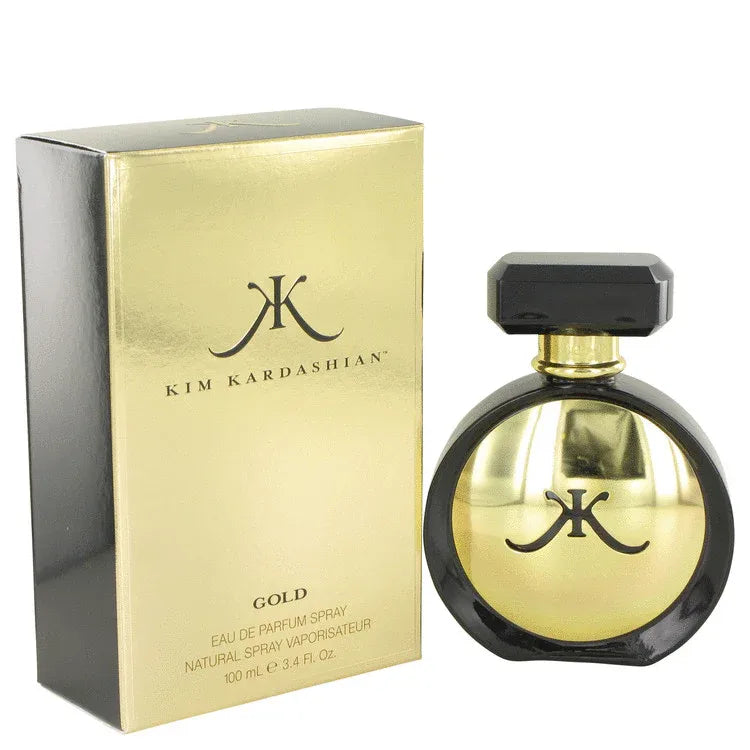 An image displaying Kim Kardashian Gold by Kim Kardashian Eau De Parfum Spray 3.4 oz for Women by Kim Kardashian