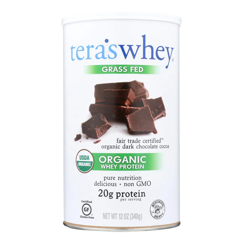 An image displaying Teras Whey Protein Powder - Whey - Organic - Fair Trade Certified Dark Chocolate Cocoa - 12 Ounce by Tera&