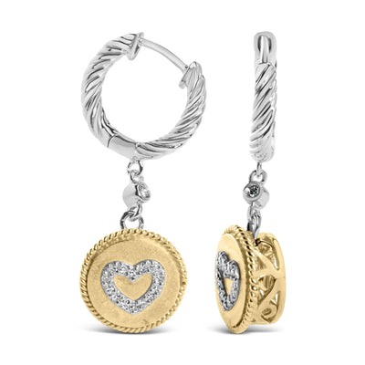 An image displaying 18K Yellow Gold Plated .925 Sterling Silver 1/8 Cttw Diamond Heart Medallion Drop and Dangle Earring (I-J Color, SI1-SI2 Clarity) by Infinite Jewels