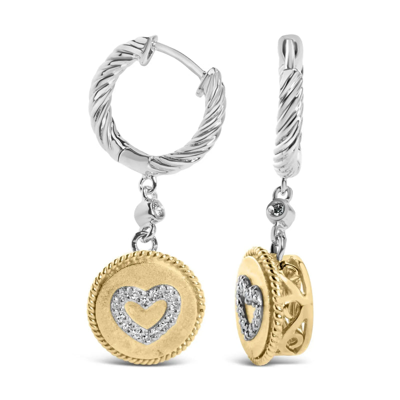 An image displaying 18K Yellow Gold Plated .925 Sterling Silver 1/8 Cttw Diamond Heart Medallion Drop and Dangle Earring (I-J Color, SI1-SI2 Clarity) by Infinite Jewels