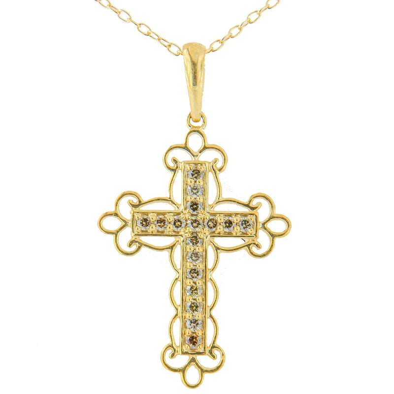 An image displaying 10K Yellow Flashed .925 Sterling Silver 1/4 Cttw Champagne Diamond Filigree Cross Pendant Necklace (K-L Color, I1-I2 Clarity) - 18" by Infinite Jewels