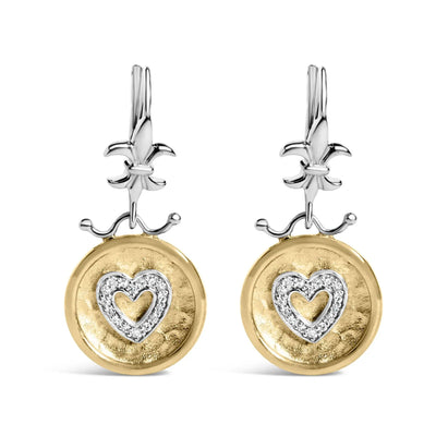 An image displaying 18K Yellow Gold Plated .925 Sterling Silver 1/8 Cttw Diamond Hammered Finished Medallion Heart Drop and Dangle Earrings (I-J Color, SI1-SI2 Clarity) by Infinite Jewels