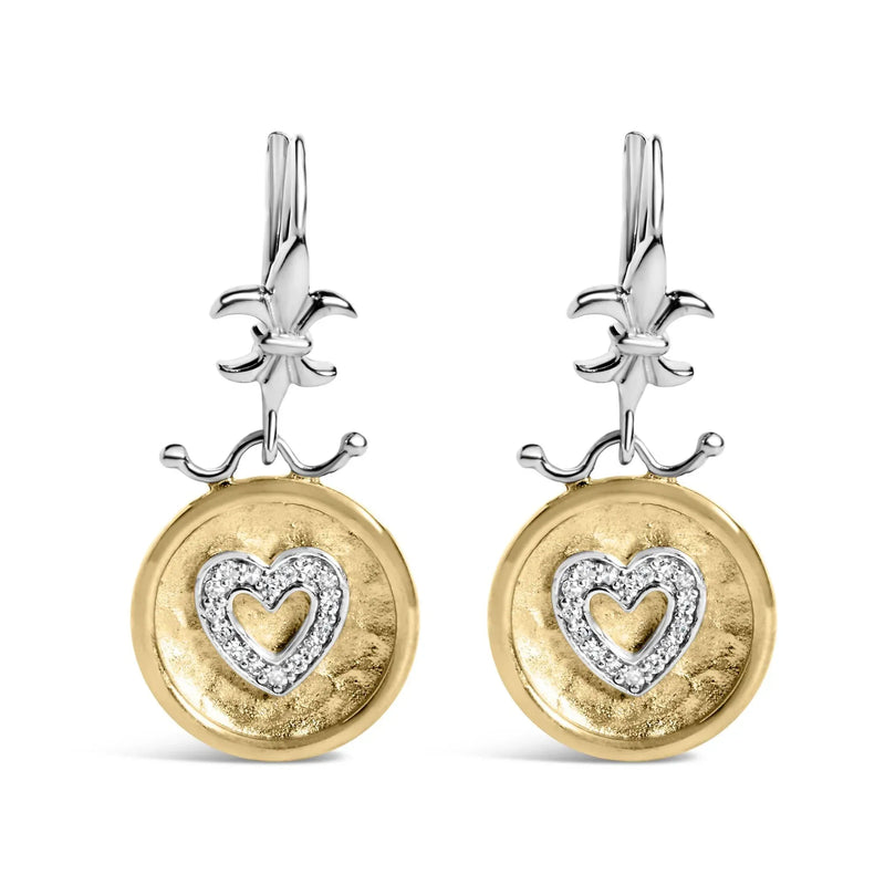 An image displaying 18K Yellow Gold Plated .925 Sterling Silver 1/8 Cttw Diamond Hammered Finished Medallion Heart Drop and Dangle Earrings (I-J Color, SI1-SI2 Clarity) by Infinite Jewels