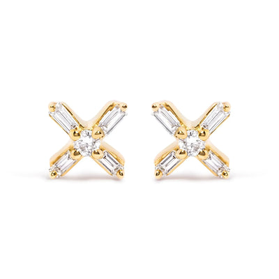 An image displaying 10K Yellow Gold 1/10 Cttw Round and Baguette Diamond Criss Cross X Stud Earring (H-I Color, I1-I2 Clarity) by Infinite Jewels