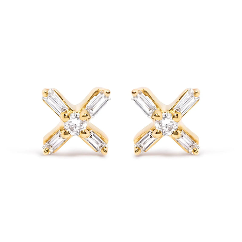 An image displaying 10K Yellow Gold 1/10 Cttw Round and Baguette Diamond Criss Cross X Stud Earring (H-I Color, I1-I2 Clarity) by Infinite Jewels
